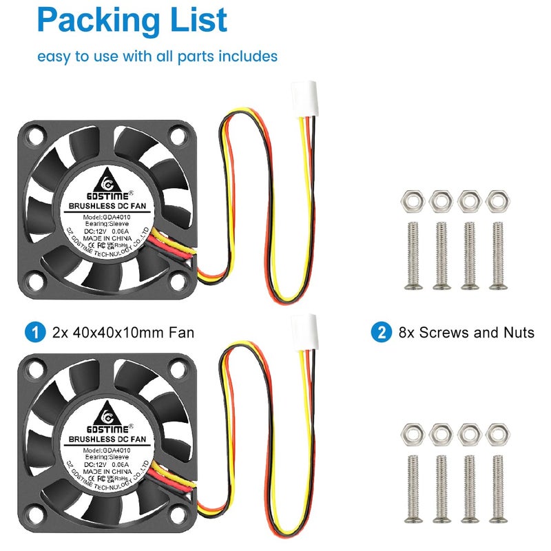 GDSTIME 40mm Fan 3 Pin, 12V 40x40x10mm Mini Computer PC Case DC Brushless Cooling Fan Replacement for CPU Cooler, Northbridge Heatsink, 3D Printers (2 Pack) - Image 5